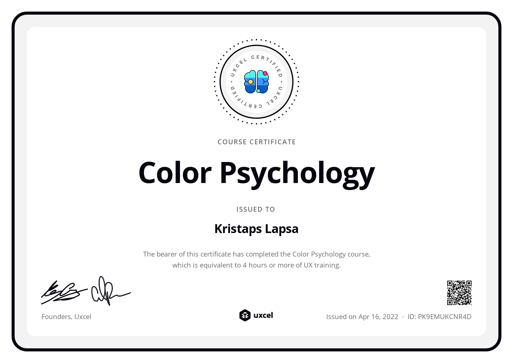 Kristaps Lapsa's certificate
